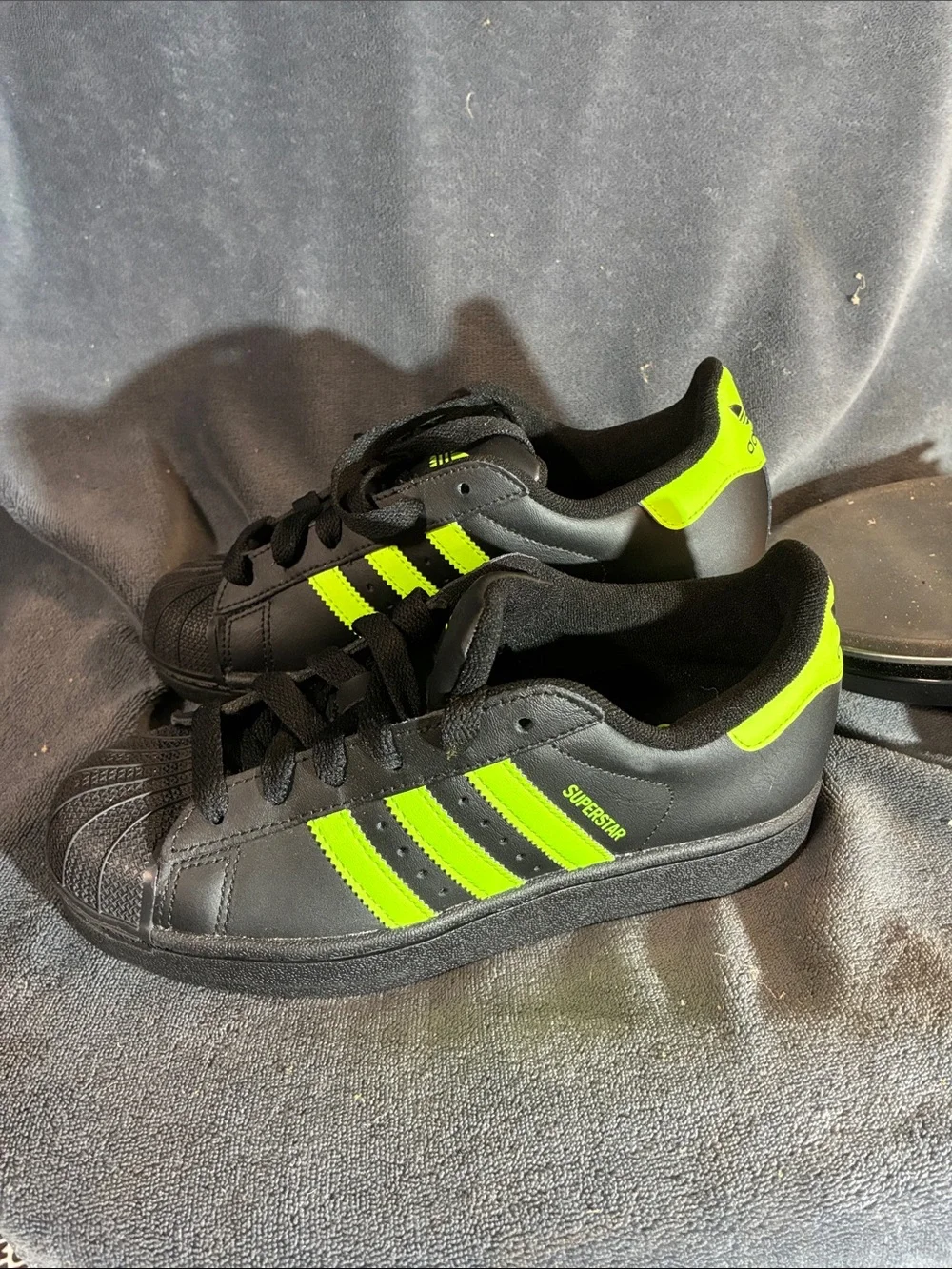 adidas Kids Superstar Sneakers in Black with Neon Green Stripes